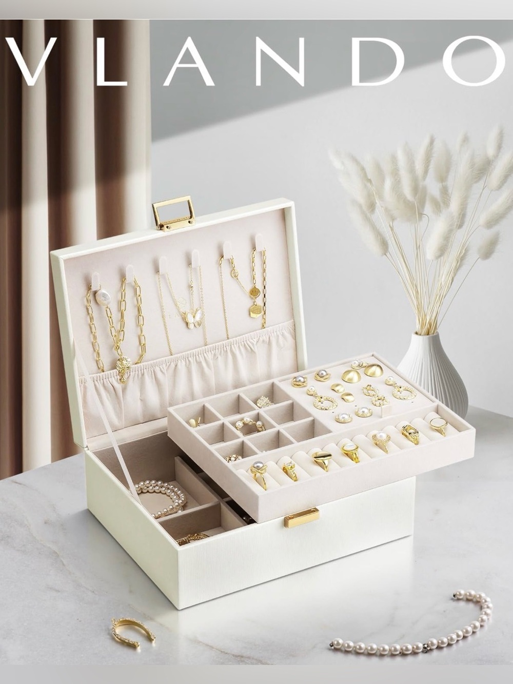 Faux Leather Jewelry Box Organizer with Gold Hardware